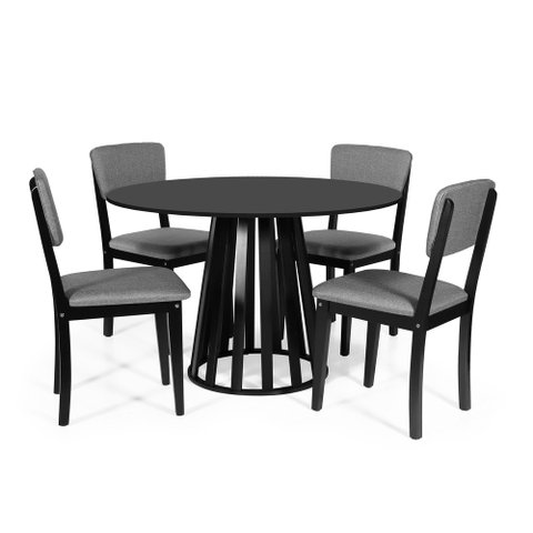 Mesa de Jantar Redonda Gabi Preta com 4 Cadeiras Estofadas Ella Preto/cinza Escuro