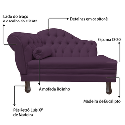 Recamier Sofá Direito Larissa 120cm Sala Veludo Roxo - Incasa Decor - 6
