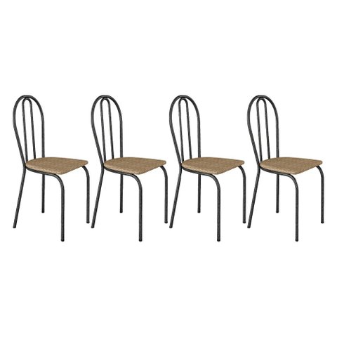 Kit 4 Cadeiras de Cozinha Texas Estampado Rattan Pés de Ferro Cromo Preto - Pallazio