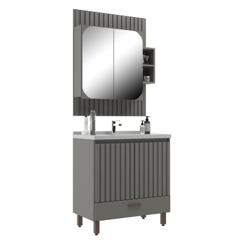Conjunto de Banheiro Gabinete com Pia e Espelheira 4 Portas Ripado 80cm Multimóveis CR10174 Cimento
