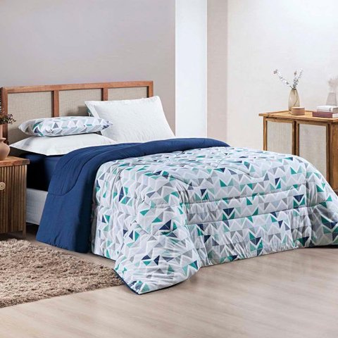 Kit Edredom Grace Super King 01 Peça 100% Algodão Dupla Face Extra Macio Estampado - Azul Geomé