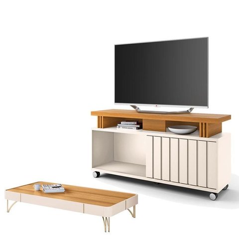 Rack Bancada Rivera 1.3 com Mesa de Centro Cadenza Off White Cinamomo – Hb Móveis