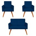 Ver imagem 1 de Kit 2 Poltronas e Namoradeira Nina Suede Azul Marinho Pés Palito Castanho - Pallazio