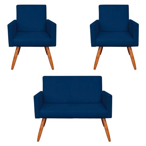 Kit 2 Poltronas e Namoradeira Nina Suede Azul Marinho Pés Palito Castanho - Pallazio