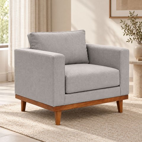 Poltrona Benny com Design Moderno Revestida em Tecido Linho Cinza