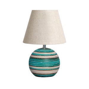 Abajur Pequeno para Quarto de Mesa Bola Azul e Palha com Cúpula 38x23 Cm