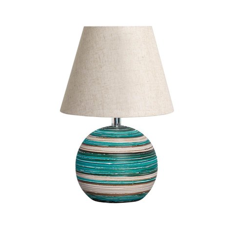 Abajur Pequeno para Quarto de Mesa Bola Azul e Palha com Cúpula 38x23 Cm