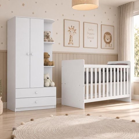 Jogo de Quarto Infantil Labirinto com Guarda Roupa e Berço 2 Portas 2 Gavetas MDP-MDF Branco