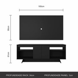 Rack com Painel Tulum 1,60m 55 Polegadas Preto - Móveis Arapongas Preto Fosco - 3