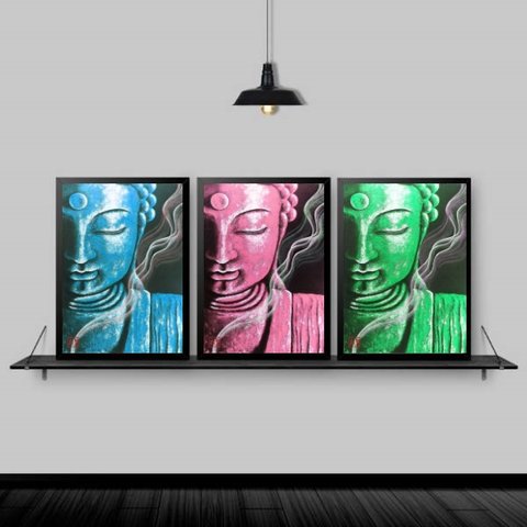 Kit 3 Quadros Feng Shui Budas Coloridos 33x24cm:Madeira preta