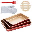 Ver imagem 1 de Jogo de Assadeira Retangular 03 Peças Antiaderentes + Luva Térmica + Pincel Vermelho + Descanso de P