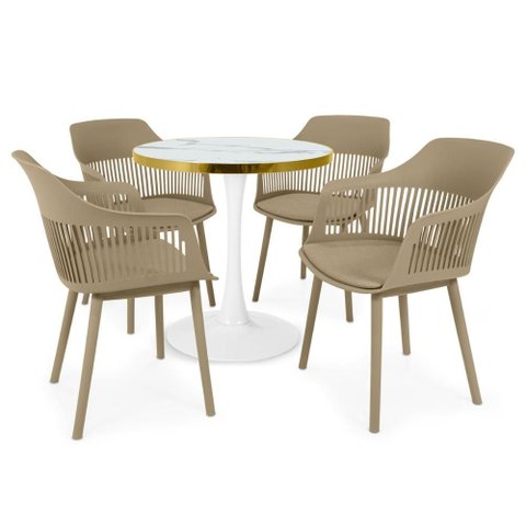 Conjunto Mesa de Jantar Redonda Majestic 70cm Branca com 4 Cadeiras Estofadas Marcela - Nude Escuro