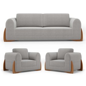 Kit 02 Poltronas e 01 Sofá Bloom 160cm 02 Lugares com Pés de Madeira Bouclê Cinza - Desk Design