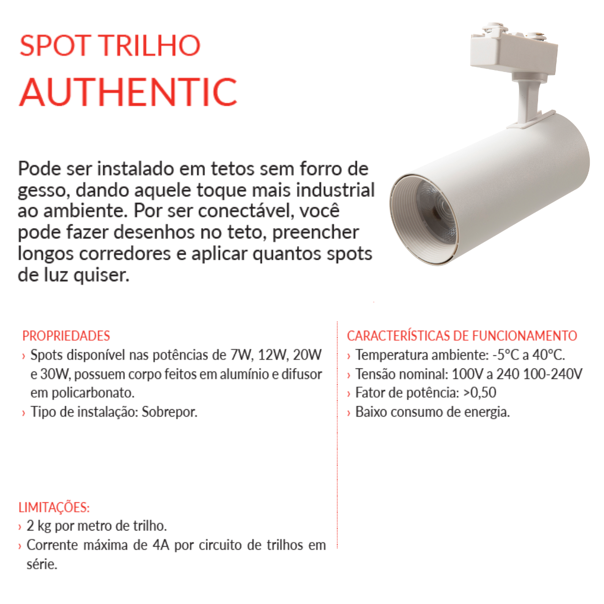 Kit 05 Spot Trilho Branco Avant Authentic 6500k 30w - 6