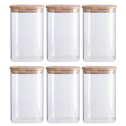 Jogo 6 Potes de Vidro Herméticos 1100ml Tampa Bambu Quadrado Oikos Borea Mantimentos Grãos