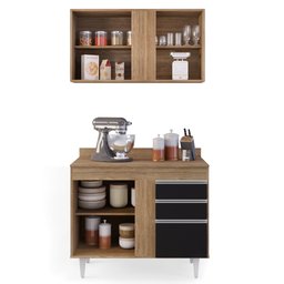 Armário Aéreo Indiana e Balcão Gabinete 100cm Luziania Castanho/Preto - Lumil Lumil Móveis - 3