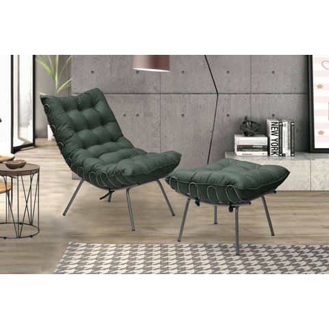 Poltrona Decorativa Costela com Puff Adão Preto - Verde