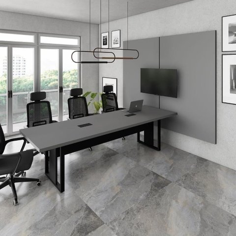 Mesa Reunião 2,70m com 2 Caixas de Tomadas e Painel Duplo de TV MDF-MDP Cinza Sagrado com Preto F5