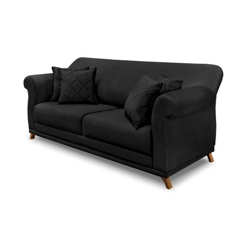 Sofá Decorativo 220cm 3 Lugares com 4 Almofadas Armstrong Veludo Preto - Gran Belo