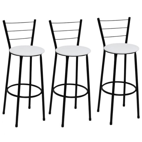 Kit 3 Banquetas Alta Preta com Encosto Assento Branco Jaddi