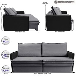 Sofá sem Caixa Retrátil Baú 1,55m Cama Inbox Grace Tecido Linho e Courino Cinza Escuro - 3