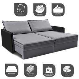 Sofá sem Caixa Retrátil Baú 1,55m Cama Inbox Grace Tecido Linho e Courino Cinza Escuro - 4