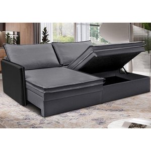 Sofá sem Caixa Retrátil Baú 1,55m Cama Inbox Grace Tecido Linho e Courino Cinza Escuro