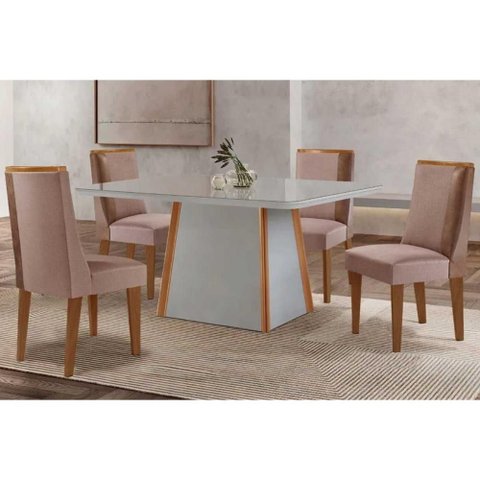 Conjunto Sala de Jantar Tilia C/ Tampo Madeirado C/ Vidro Canto Curvo 120x80cm e 4 Cadeiras Tilia