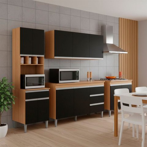 Conjunto Kit Cozinha Completa Balcão Pia sem Tampo Armário Aéreo Balcão Cooktop e Armário Paneleiro