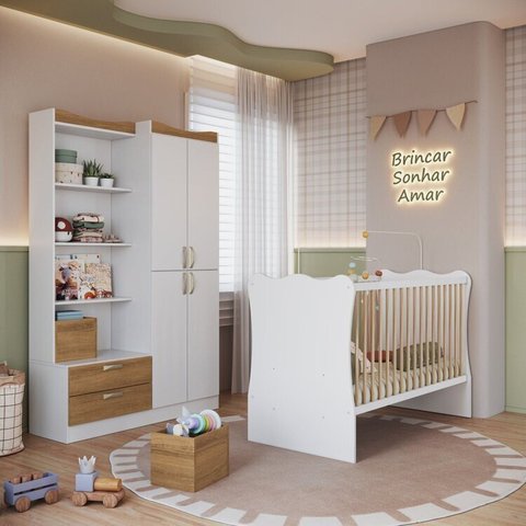 Quarto Intantil com Guarda Roupas 4 Portas e Berço Branco/Mel