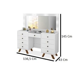 Penteadeira camarim Mila 9 gavetas led espelho pés de madeira - Branco - 3