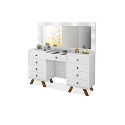 Penteadeira camarim Mila 9 gavetas led espelho pés de madeira - Branco - 2