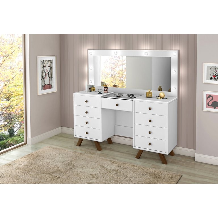 Penteadeira camarim Mila 9 gavetas led espelho pés de madeira - Branco Penteadeira camarim Mila 9 gavetas led espelho pés de madeira - Branco