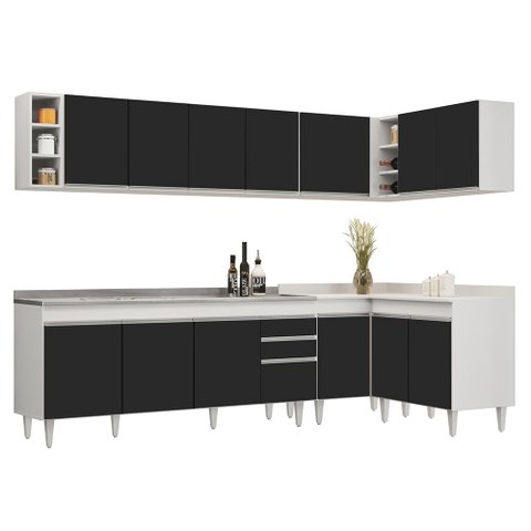 Armário de Cozinha Modulado de Canto 7 Peças Cp36 com Pia Inox Branco/preto - Lumil Lumil Móveis