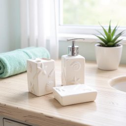 Kit de Banheiro 3 Peças Náutico Branco Conchas em Cerâmica - 1