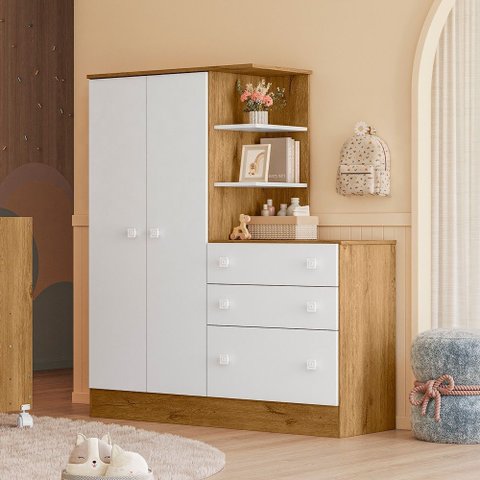 Guarda Roupa Roupeiro com Cômoda Doce Sonho Freijó Branco Qmovi