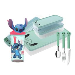 Conjunto Refeição Infantil Stitch Disney 8 Peças Estojo, Potes, Talheres e Copo 3d com Canudo - 1