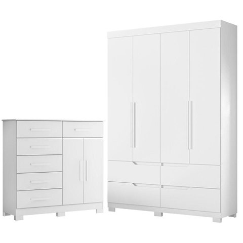 Guarda Roupa Solteiro Doble 04 Portas e Cômoda Xangai Branco - Móveis Albatroz