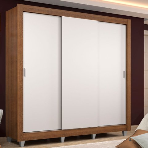 Guarda-Roupa Casal Madesa Lyon 3 Portas de Correr 2 Gavetas com Pés Rustic/Branco Cor:Rustic/Branco