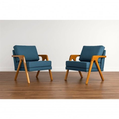 Kit 2 Poltronas Mona Luxo Madeira Maciça Linho Azul para Sala de Estar Decorativa Moderna