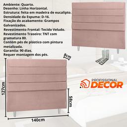Cabeceira Casal Estofada 140cm Carla Horizontal Veludo com Frames:rosa - 3