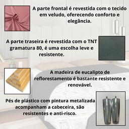 Cabeceira Casal Estofada 140cm Carla Horizontal Veludo com Frames:rosa - 5