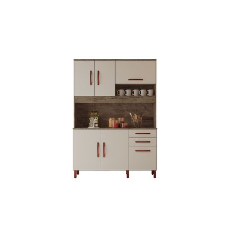 Cozinha Completa Armário e Balcão Granada 6 Portas 2 Gavetas Pé Regulável Canela Off White