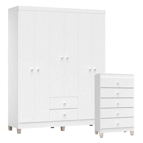 Cômoda Gaveteiro e Guarda Roupa 6 Portas Baby Kids Branco Brilho – Incorplac