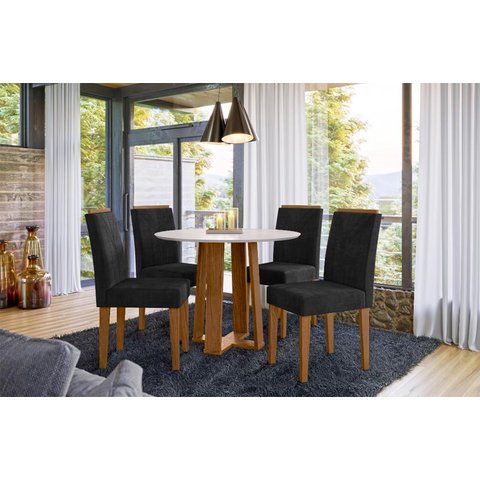 Conjunto Sala de Jantar Mesa Isabela 1,00x1,00m com 4 Cadeiras Amanda Ype/off White/veludo Azul