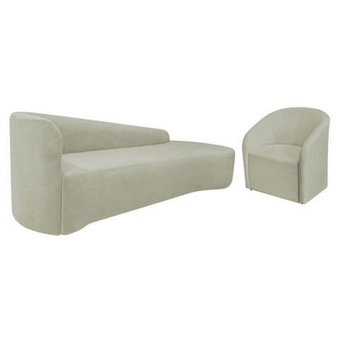 Kit Sofá Curvo França 180cm Ld. e Poltrona Luiza Max Conforto, Bouclé Verde Oliva