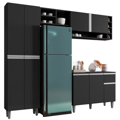 Cozinha Compacta Ravena Balcão 3 Portas + Paneleiro 4 Portas Preto