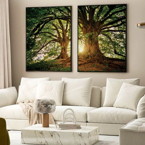 Quadro Decorativo a Grande Arvore com 2 Telas em Moldura Caixa Tacolado Moldura Caixa 3cm Branca sem
