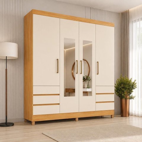 Guarda Roupa Casal Mônaco 4 Portas de Bater 6 Gavetas MDP com Espelho Cinamon Touch-Off White