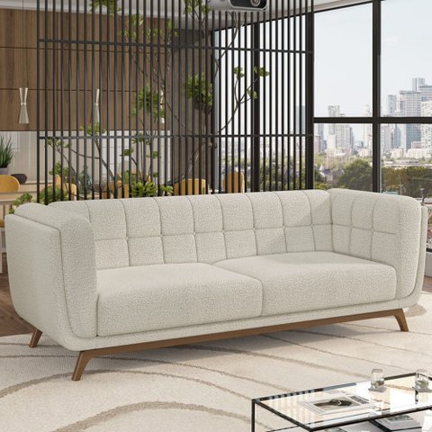 Sofá 02 Lugares para Sala de Estar Pés em Madeira 180cm Florian M03 Bouclê Bege Claro - Lyam Decor